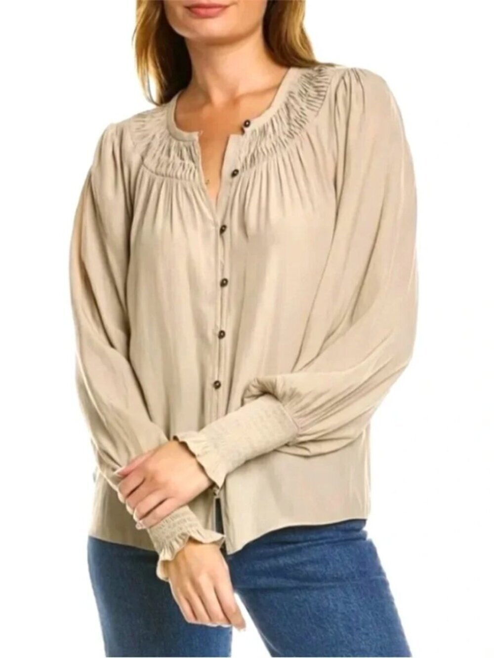 Ramy Brook Isla Top Silky in Dusty Rose Smocked Long Sleeve size S